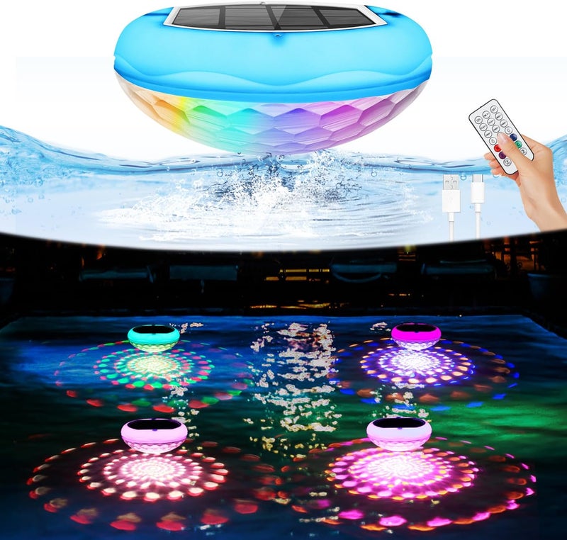 QOLNBY 2-in-1 Solar Powered USB Rechargeable Floating Pool Lights, 6.69 Inch IP68 Waterproof 2600mAh Pool Lights 6 Dynamic Modes with Remote Upper and Lower Glow Hangable for Backyard Pond 4 PCS - Image 1